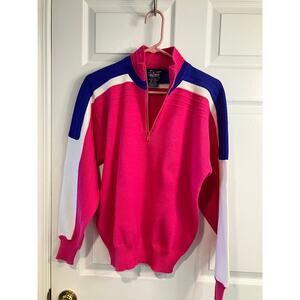 VTG 80's 1/4 Zip Herman's Ski Bunny Colorblock Wool Sweater Pink Womens Size M